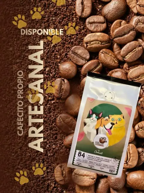 Bolsa del café artesanal propio de Café Fundación sobre granos de café